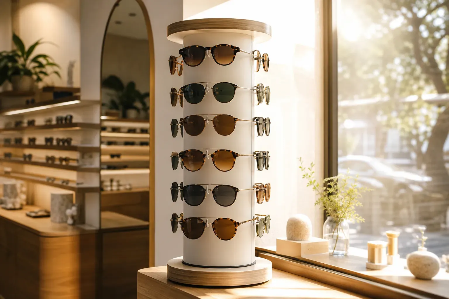 Torre giratoria de gafas de sol junto a un escaparate luminoso en una óptica