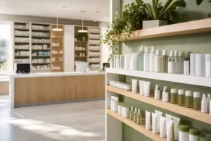 Farmacia con zona de dispensación y zona de venta libre de dermocosmética separadas