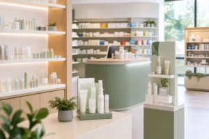 Farmacia y parafarmacia moderna con expositores PLV de dermocosmética y mostrador de dispensación
