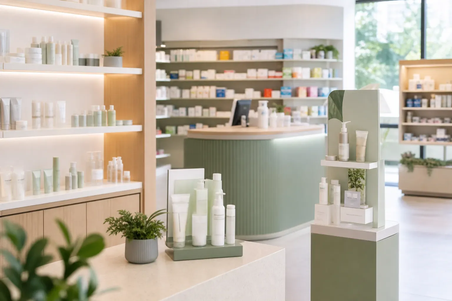 Farmacia y parafarmacia moderna con expositores PLV de dermocosmética y mostrador de dispensación