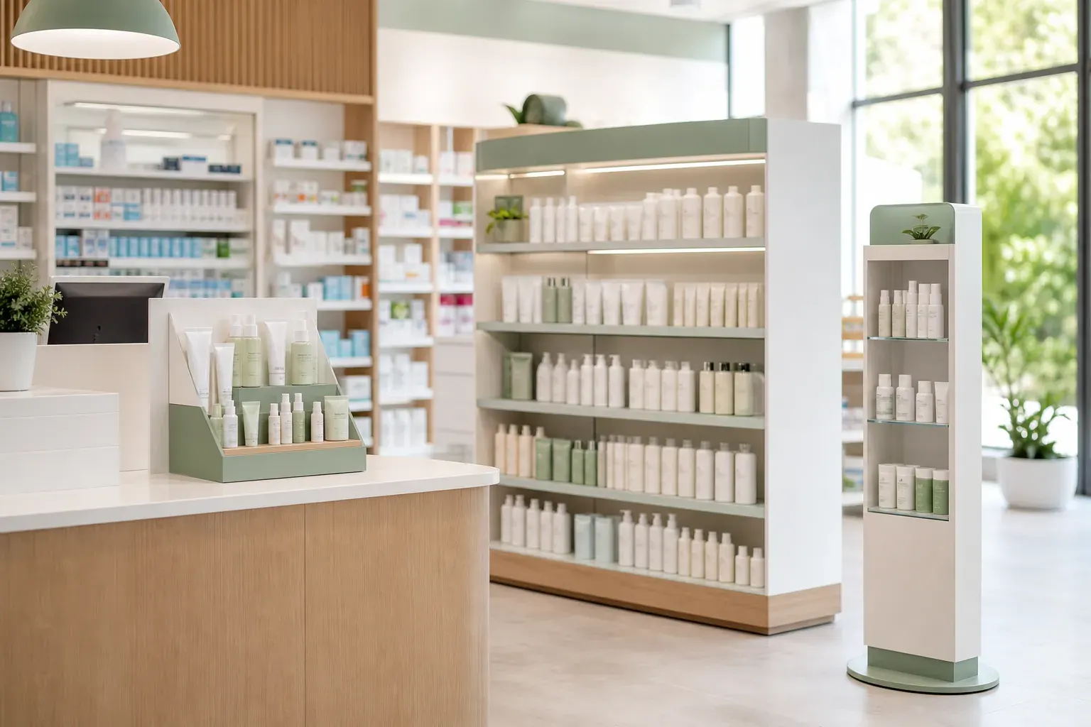 Tipos de expositores PLV en una farmacia: expositor de mostrador, góndola de dermocosmética y columna